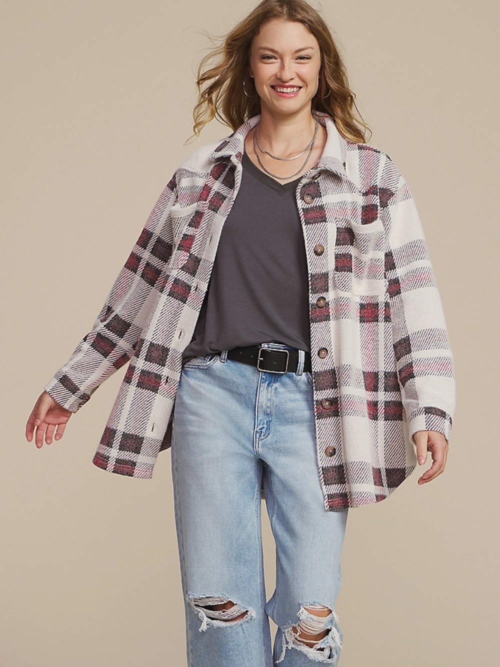 Maurices Plush Plaid Shacket White, Black & Red Size Medium
